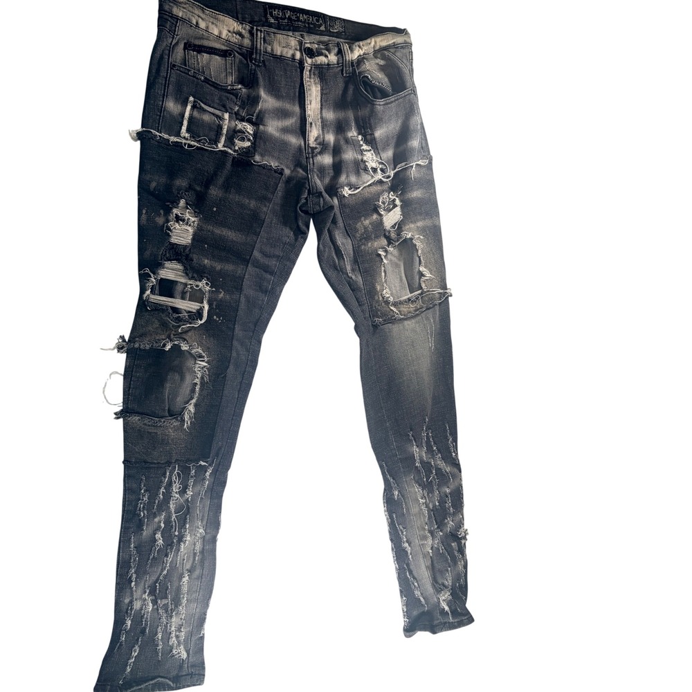 Heritage America 1776 Distressed Patchwork Jean Mens 34x33 Gray Black Streetwear